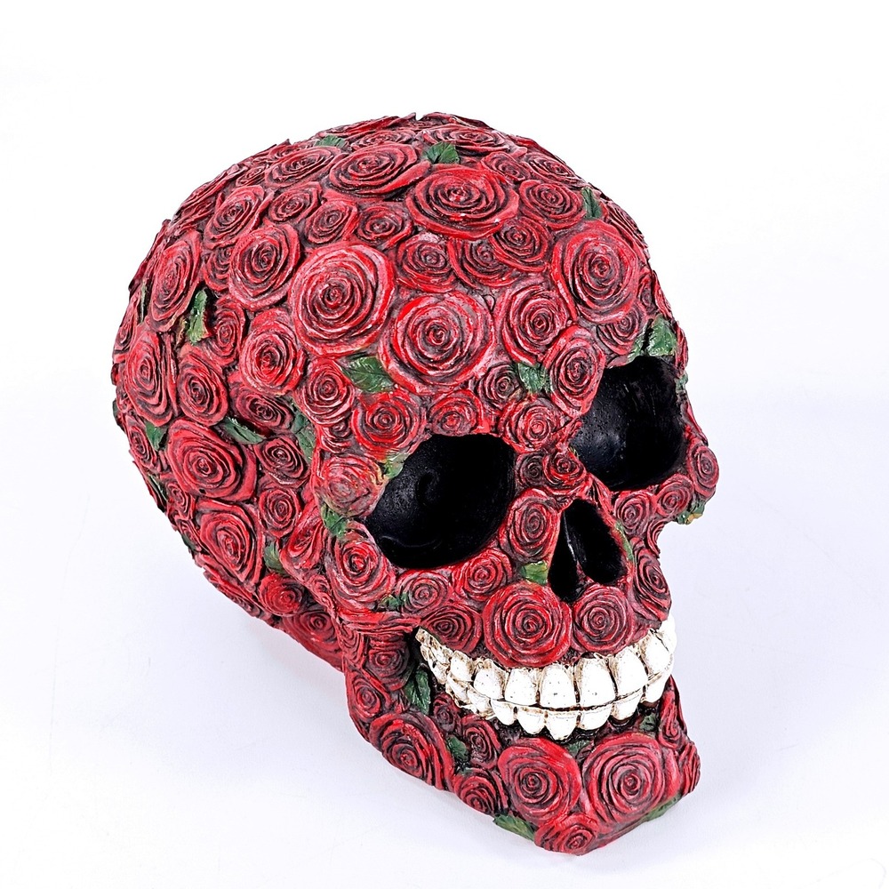 Red Rose Floral Resin Skull Figurine Gothic Halloween Decor Day of the Dead 5in